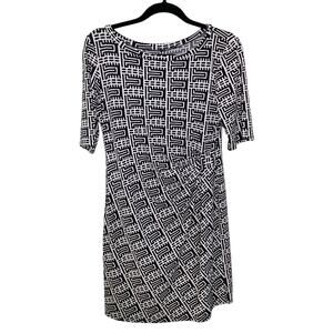 MSK Sheath Dress Elbow Sleeve‎ Ruche Side Geometric Pattern Black White Medium